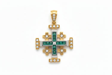 14 Gold Jerusalem cross pendant with Emeralds and Diamonds